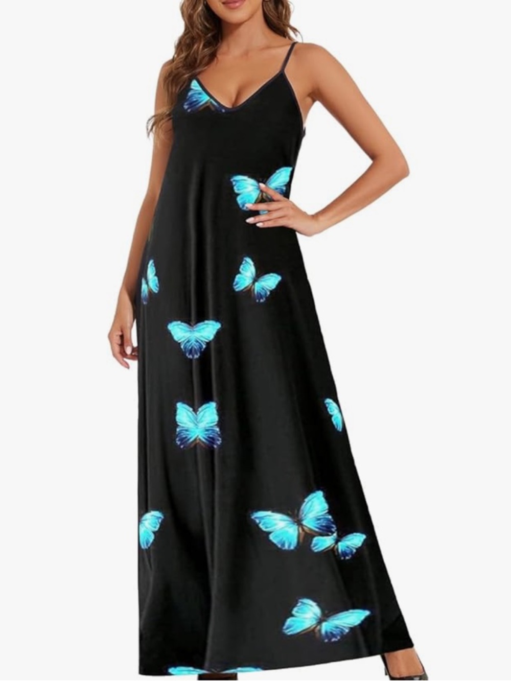 Chic Nation Black Maxi Dress with Blue Butterfly Print